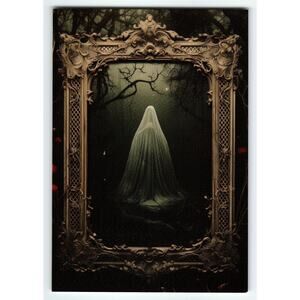 Eerie Ghost in Ornate Frame Halloween Photochrome Postcard 5.5x4"